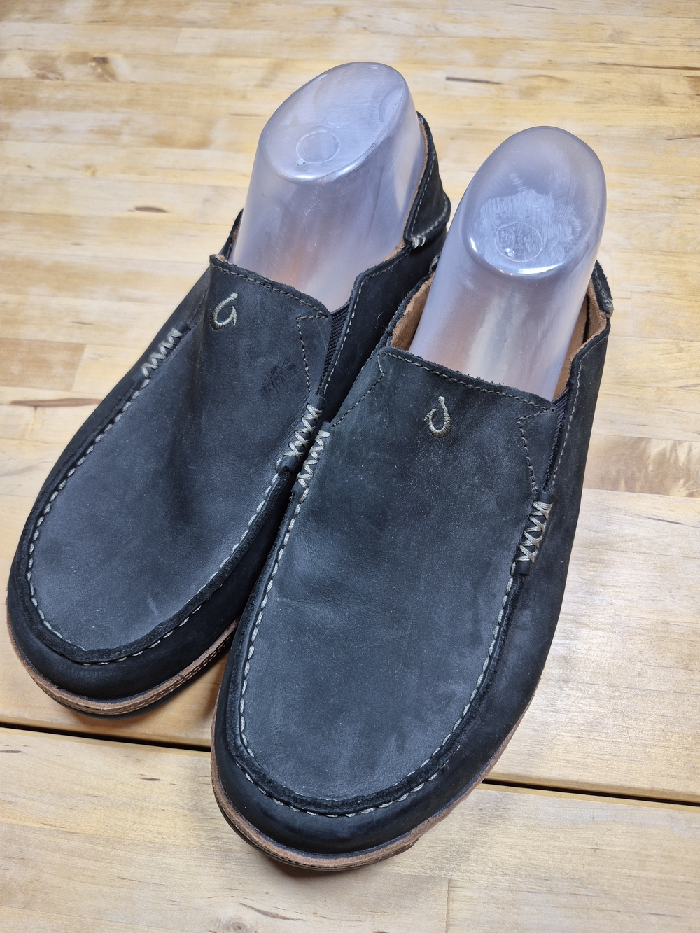 OluKai Black Leather Slip-On Loafers